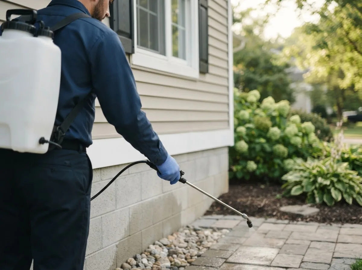 Pest control technician inspecting a home in Gorham, IL